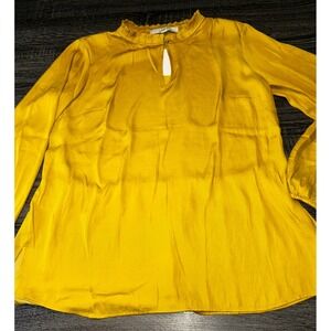 LOFT Womens Blouse Top XS Long Sleeve Keyhole Ruffle Mock Neck Gold